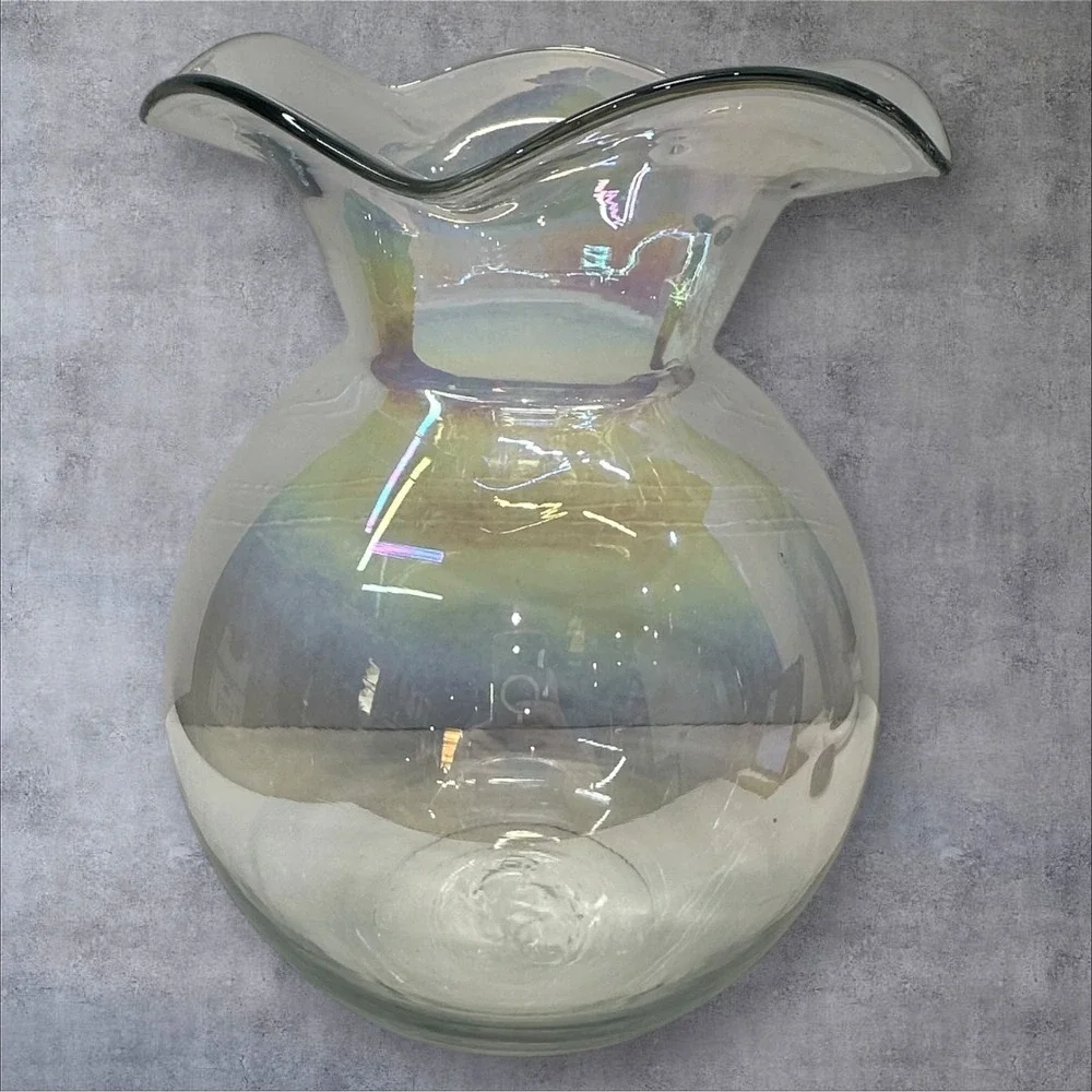Iridescent Art Glass Vase Hand Blown Clear Wavy Rim Large Bulbous Form‎
